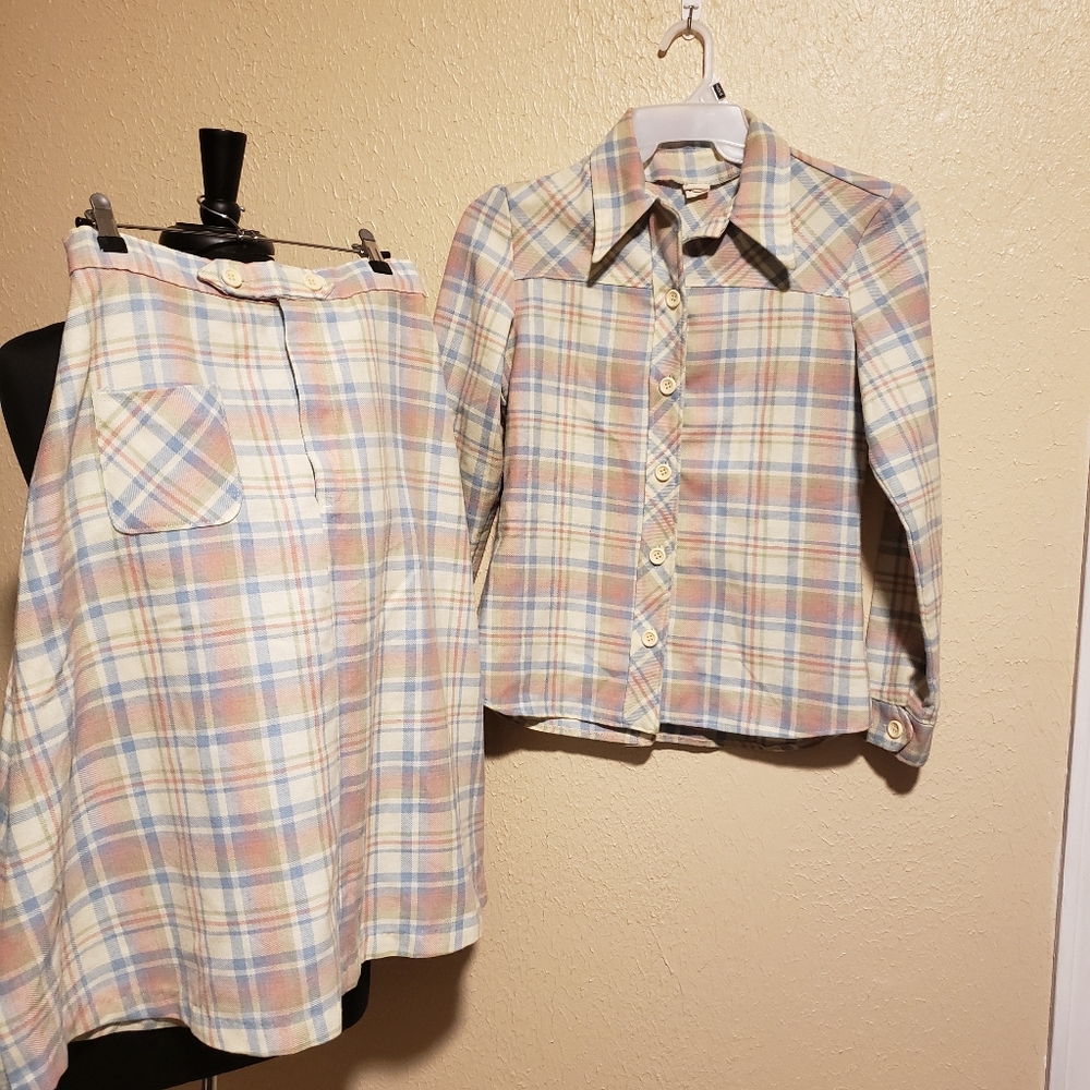 Vintage Wrangler Plaid Button Front Shirt with A-Line Skirt Size Medium